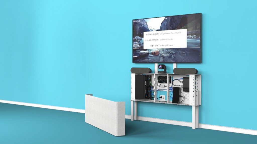 Heckler AV Credenza with Logitech Tap for Medium Rooms, typical installation for Zoom or Teams.